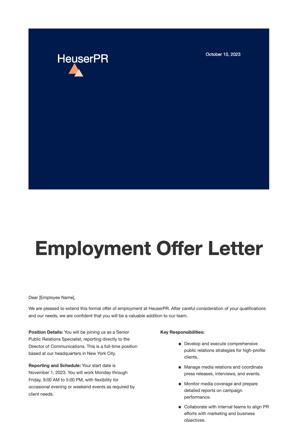 Professional employment offer letter for Marketing Manager at HeuserPR with hybrid work and salary_variant_1